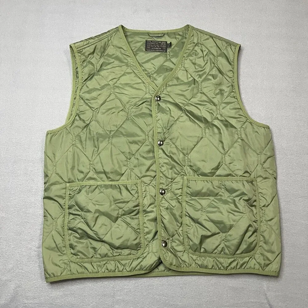 J.Crew Quilted Vest Men's Size XL Green Lightweight V-Neck Outdoor Snap Front